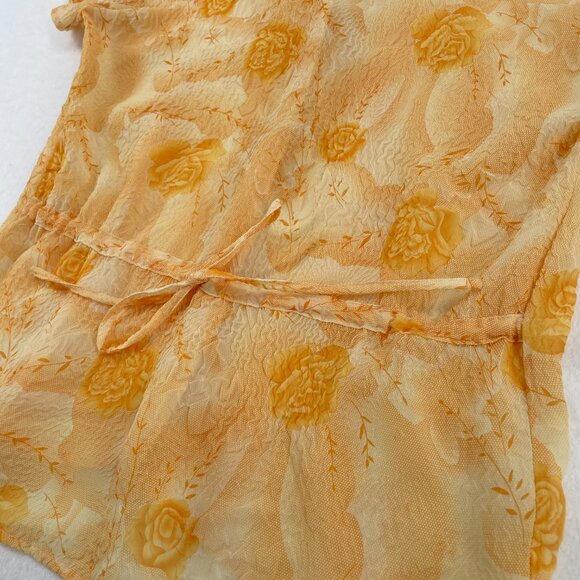 Vintage Y2K Unique Spectrum Crinkle Floral Shirt Ruched Tie Sleeve Orange M - Picture 7 of 9